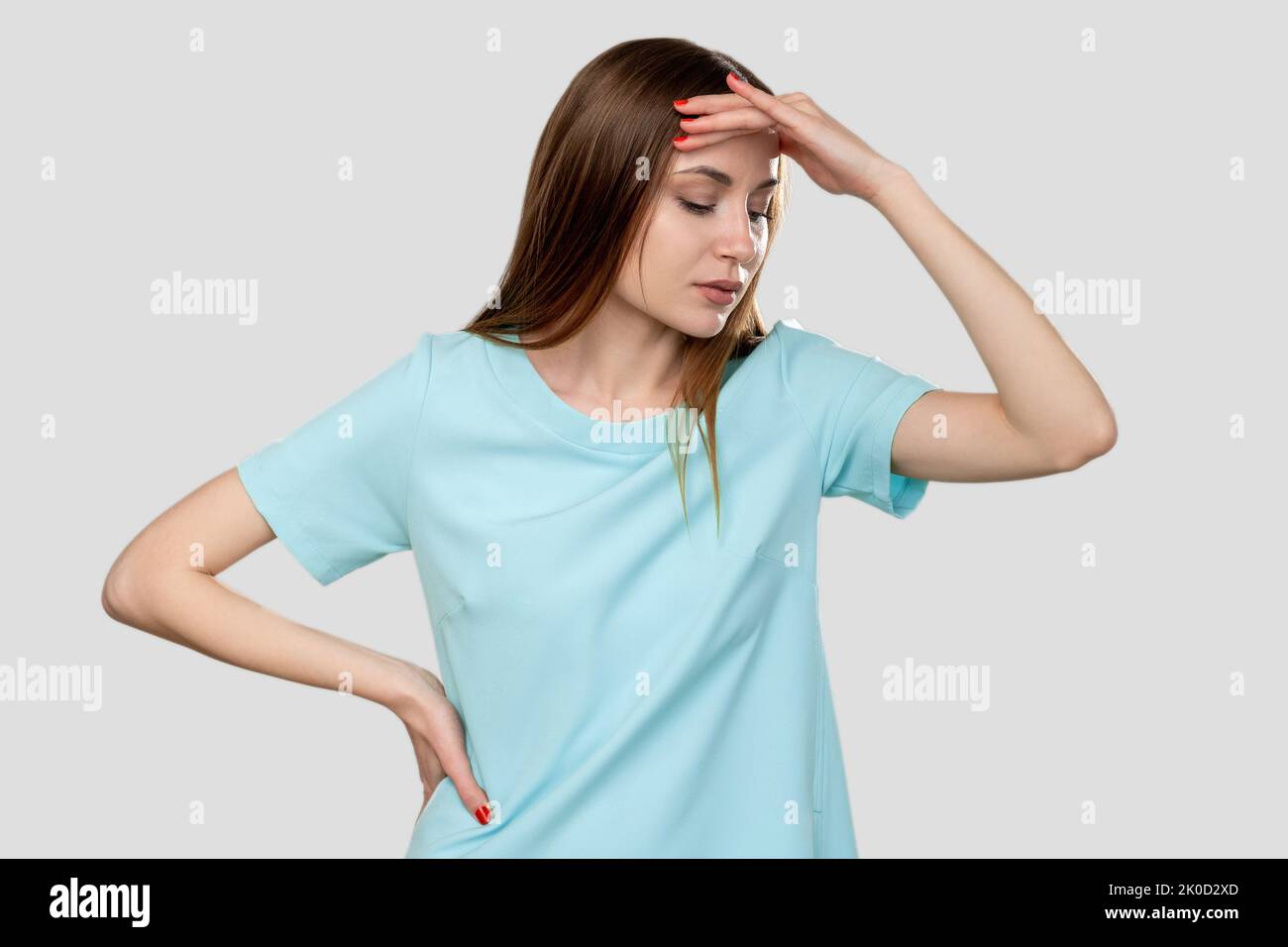 stressed out woman panic attack depressed headache Stock Photo