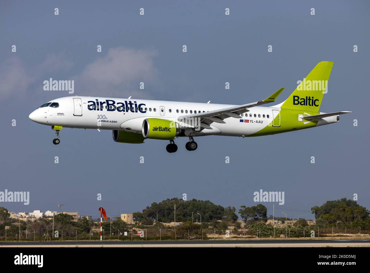 Air Baltic Airbus A220-300 (Reg.: YL-AAU) with the 100th A220 sticker. Stock Photo