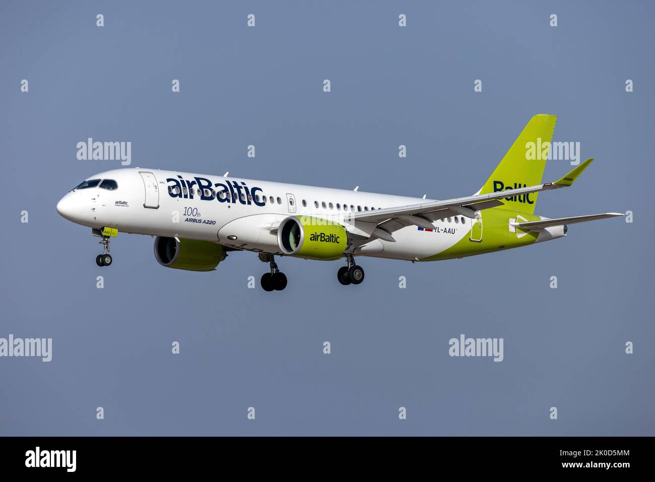 Air Baltic Airbus A220-300 (Reg.: YL-AAU) with the 100th A220 sticker. Stock Photo