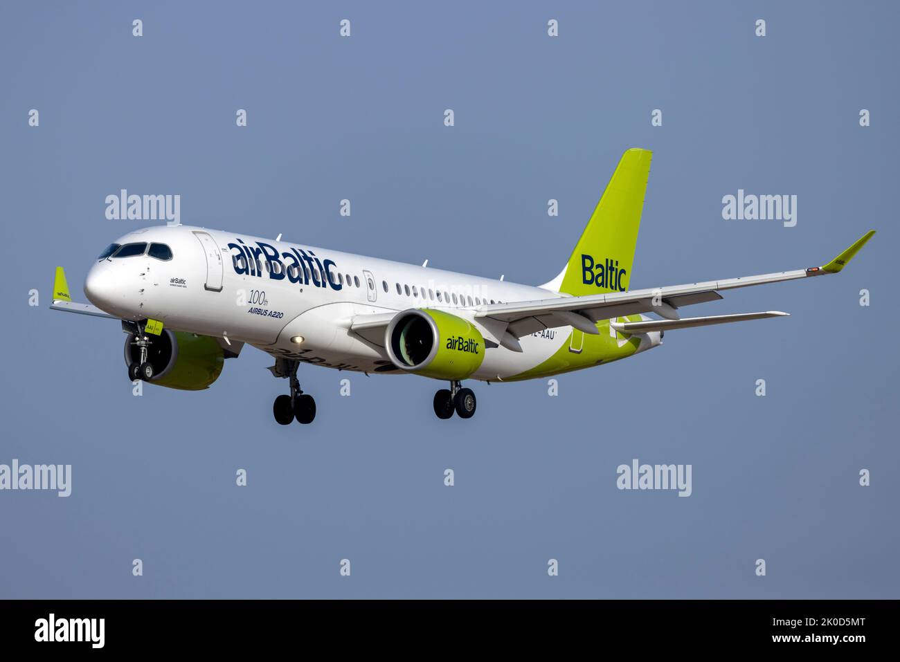 Air Baltic Airbus A220-300 (Reg.: YL-AAU) with the 100th A220 sticker. Stock Photo