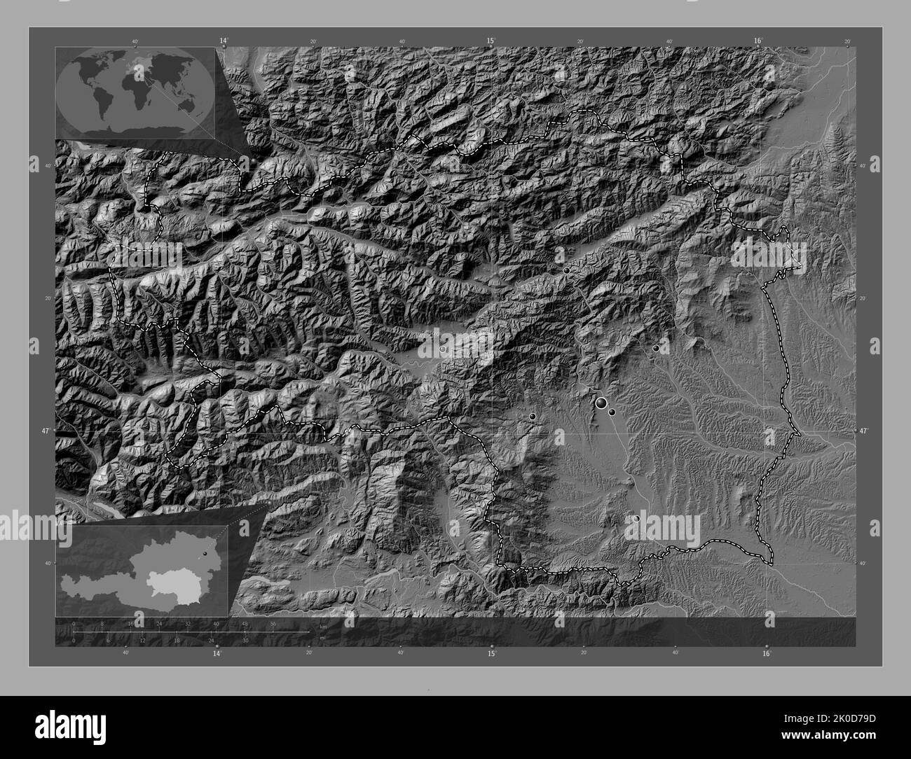 Steiermark, state of Austria. Bilevel elevation map with lakes and ...