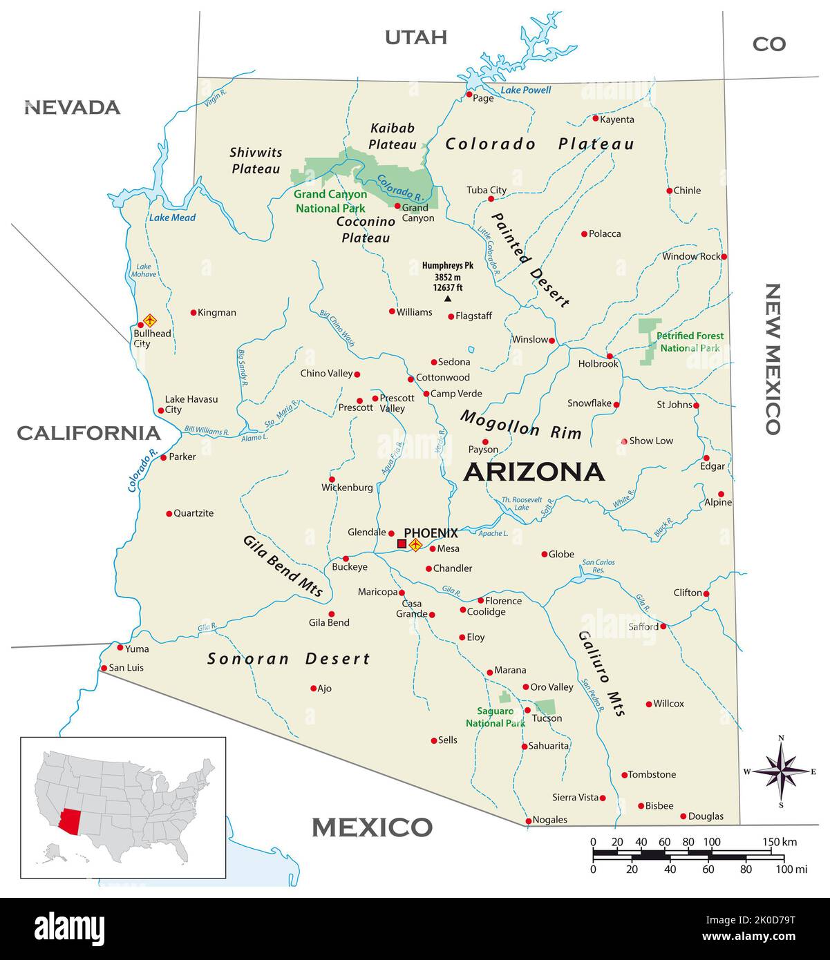 Highly detailed physical map of the US state of Arizona Stock Photo