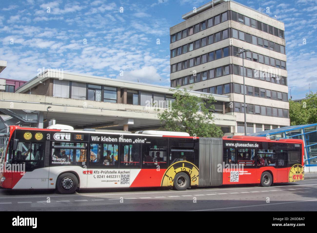 Aachen April 2022: The bus station on Peterstrasse. A bus in the foreground Stock Photo