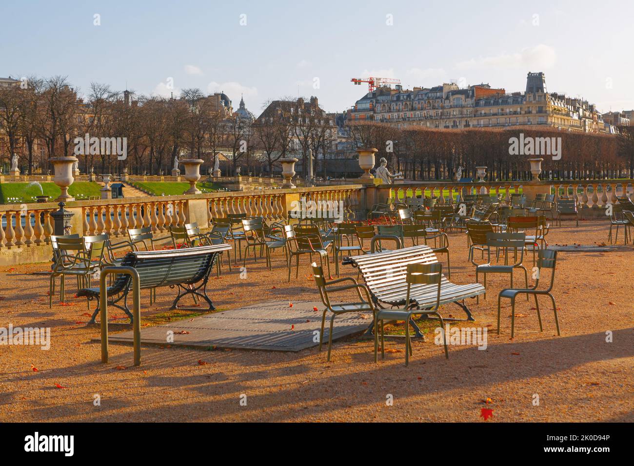 Chairs of Luxembourg Gardens . Empty Benches of French Park Stock Photo