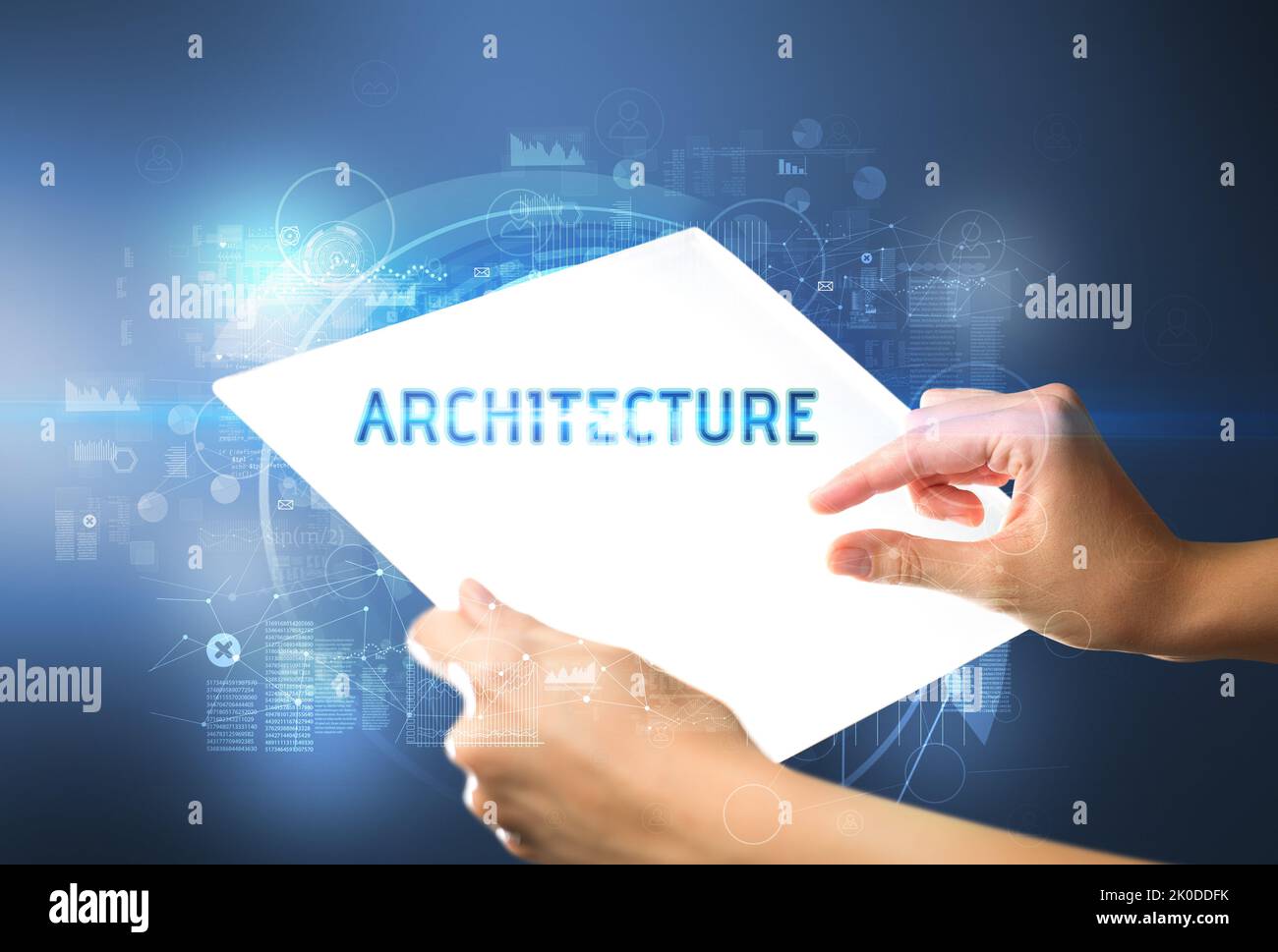 Hand holdig futuristic tablet , technology concept Stock Photo