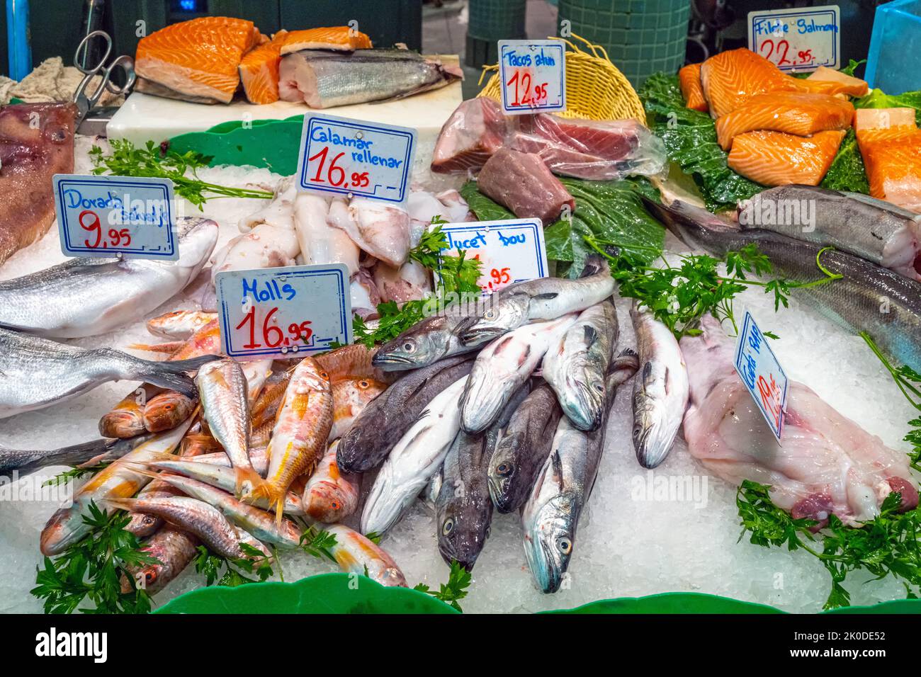 Fresh fish and seafood on ice seen at a market in Barcelona, Spain Stock Photo