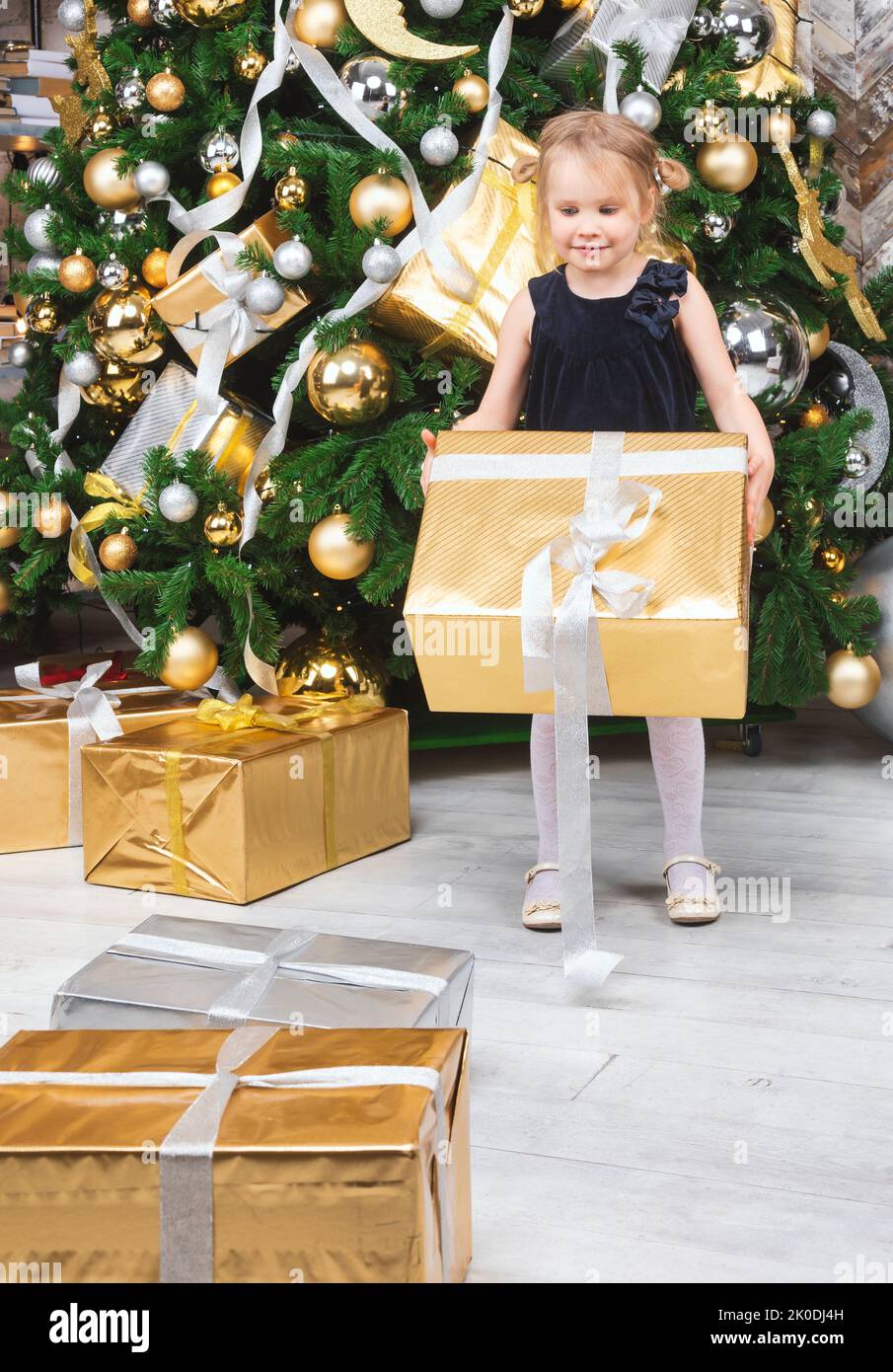Portrait of elementary age girl wearing blue dress standing beside christmas tree holding big wrapped present on boxing day Stock Photo