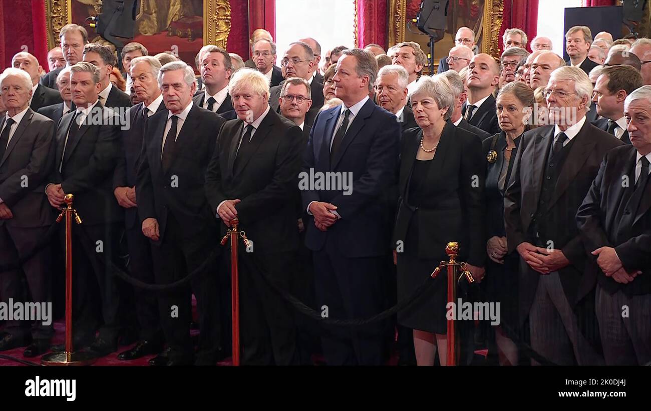 Pic shows: Six former Prime Ministers in a row Tony Blair Gordon Brown Boris Johnson Theresa May and John Major  Charles III will be formally proclaim Stock Photo