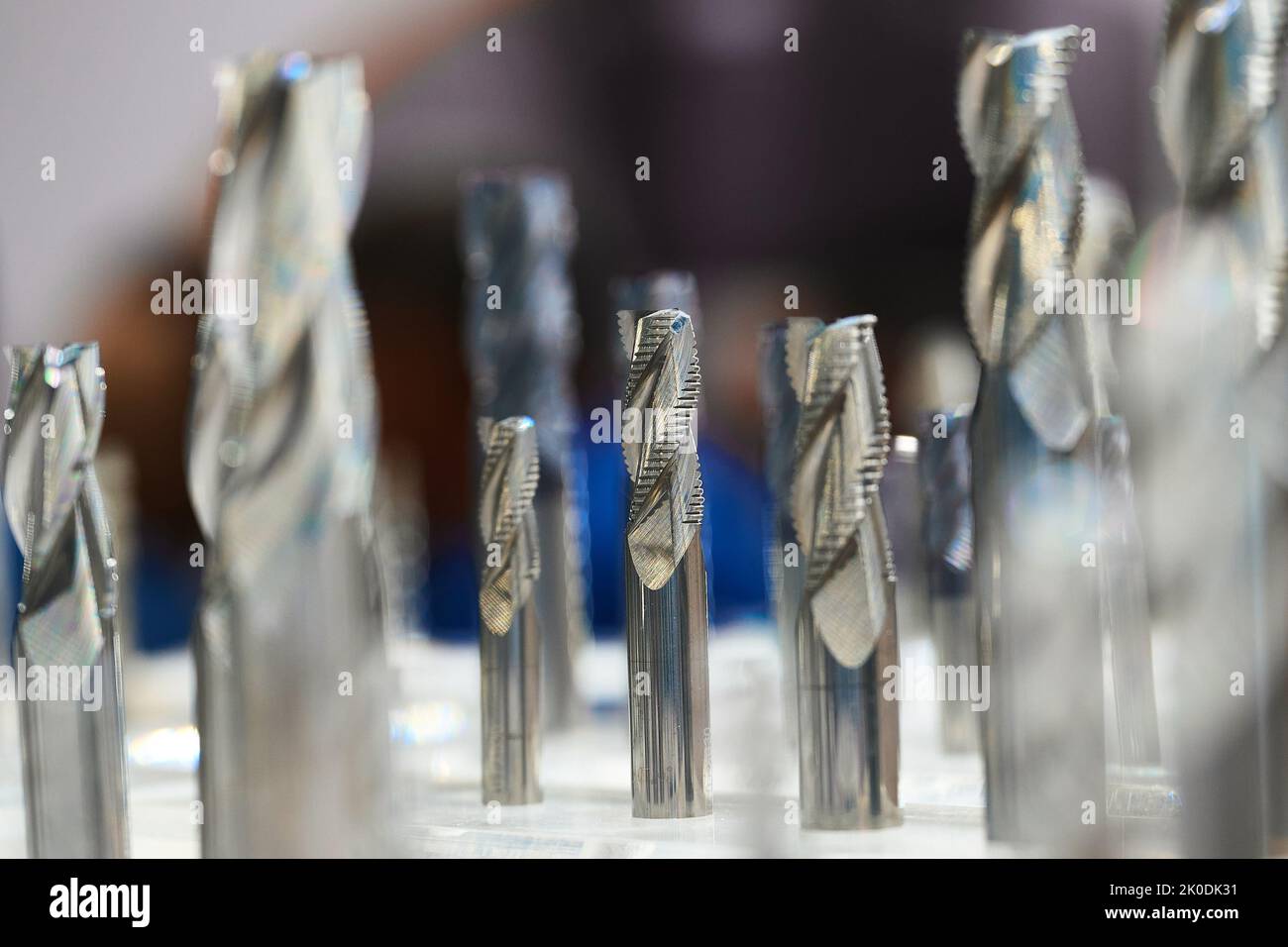 Metalwork drill bits with flat tops in hardware store macro Stock Photo
