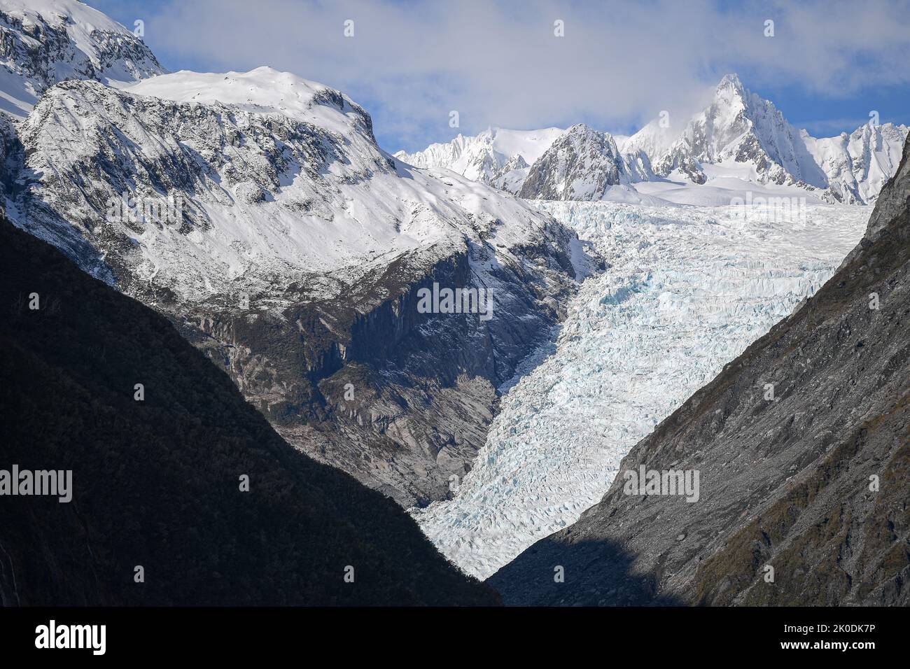 Fox Glacier in the mountains of New Zealand Stock Photo