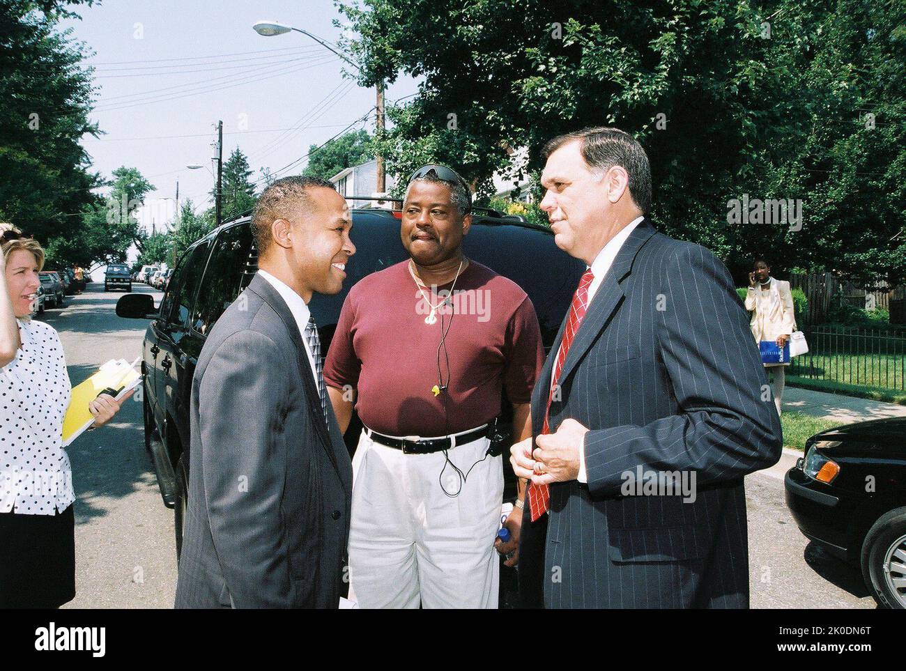 Secretary Mel Martinez at HUD-Church Association for Community Services Press Event. Secretary Mel Martinez at HUD-Church Association for Community Services Press Event Subject, Secretary Mel Martinez at press event and tour marking a housing redevelopment partnership between HUD and the Church Association for Community Services (CACS), a faith-based non-profit organization representing over 40 churches in Washington, D.C. Under the agreement, HUD is selling 300 Federal Housing Administration-foreclosed, vacant properties--lying within five D.C. areas designated as 'revitalization zones'--to C Stock Photo