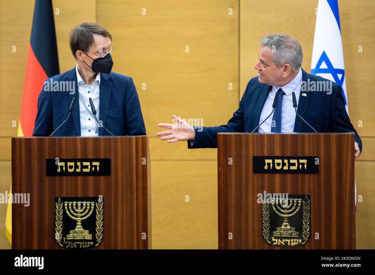 Jerusalem, Israel. 11th Sep, 2022. Karl Lauterbach (SPD, l), Federal Minister of Health, and Nitzan Horowitz, Chairman of the Meretz party and Israeli Minister of Health, stand at a press conference following a joint declaration of intent for cooperation on health policy issues. For the German minister, the focus in Israel will be on German-Israeli friendship, joint pandemic control and Israel as a role model for the digitization of healthcare. Credit: Christophe Gateau/dpa/Alamy Live News Stock Photo