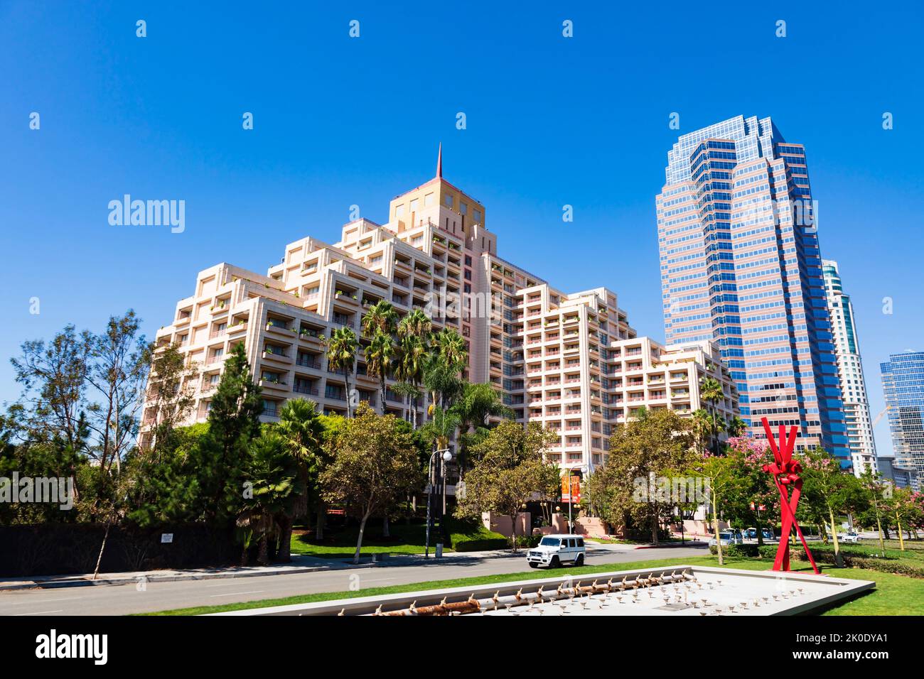 The InterContinental building with Fox Plaza behind, and Sun America Center building. Avenue of the Stars, Los Angeles, California, USA Stock Photo