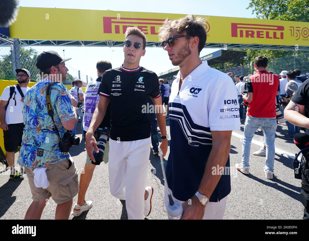 L to R): Logan Sargeant (USA) Williams Racing Academy Driver; Nicholas  Latifi (CDN) Williams Racing; George Russell (GBR) Williams Racing; and  Jack Aitken (GBR) / (KOR) Williams Racing Reserve Driver, at a