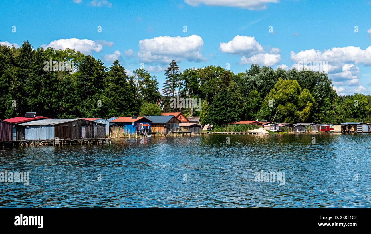Old wooden boathouses,Woblitzsee, Quassow, Userin, Mecklenburg-Vorpommern, Germany Stock Photo