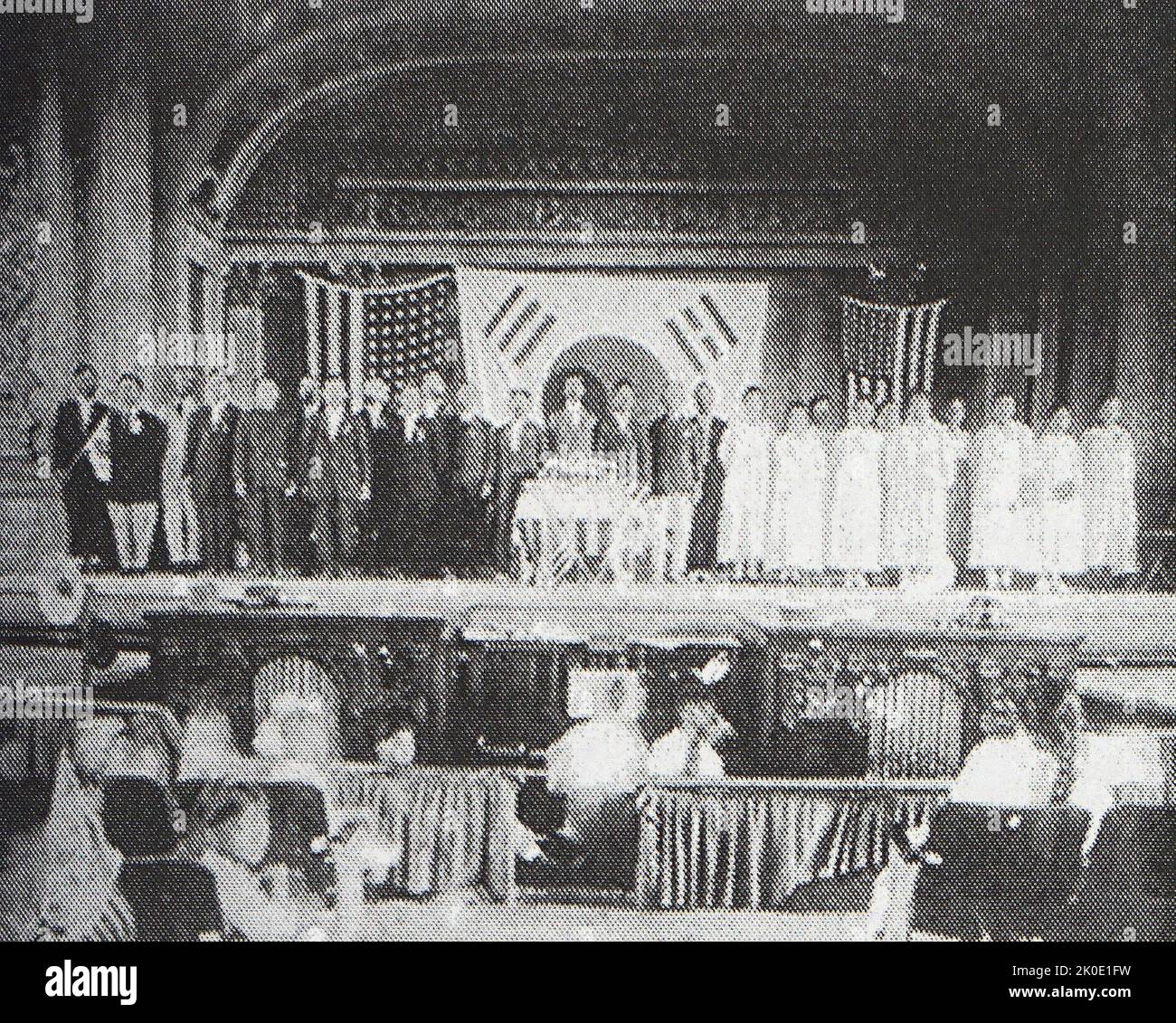 Black and white photo in book of Korean National Association annual convention, 1915 Fort Street Theater in Honolulu, Hawaii. Stock Photo