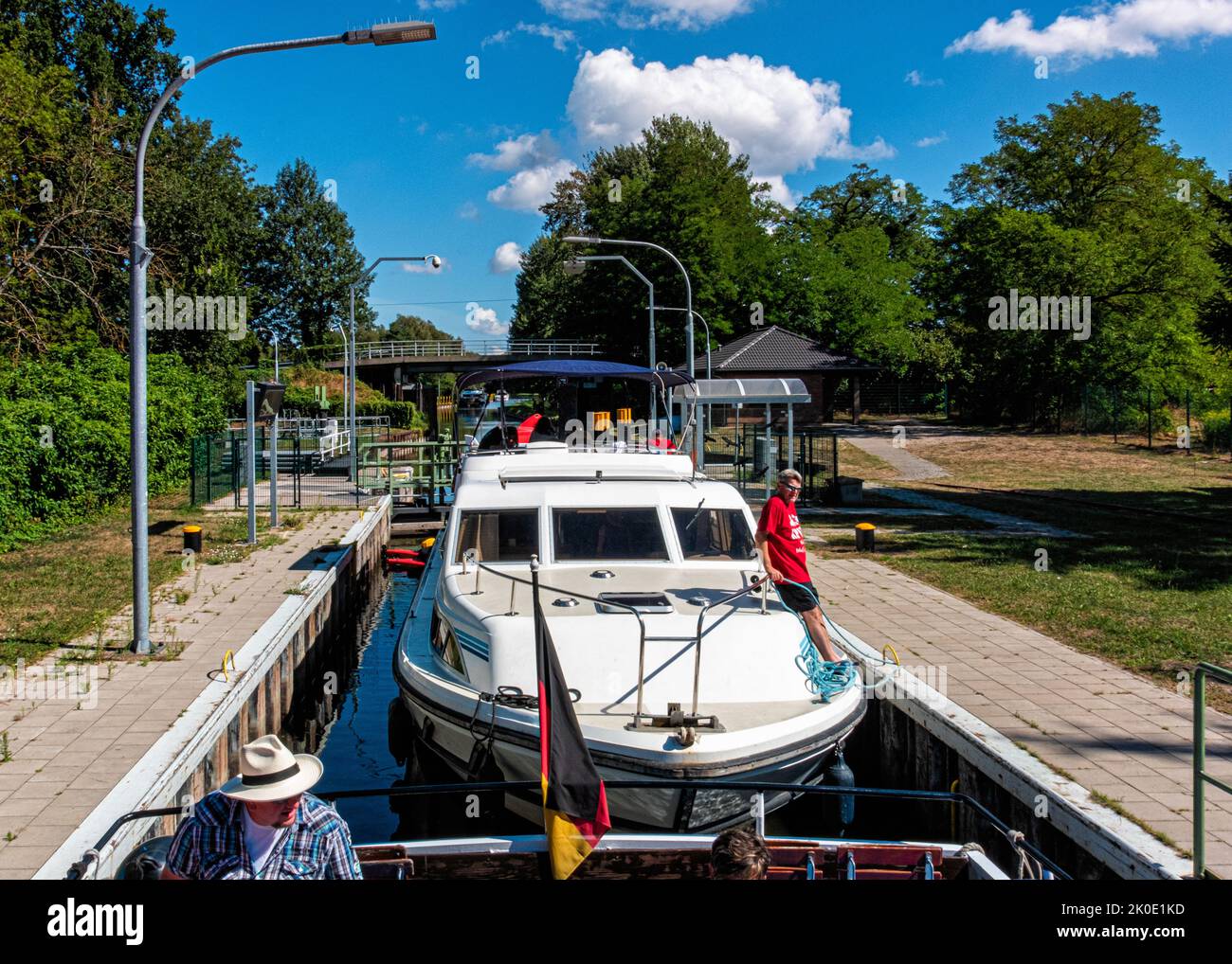 Lock in canal to adjust water level for shipping,Vosswinkel Schleuse,Quassow,Userin,Mecklenburg-Vorpommern,Germany. Stock Photo