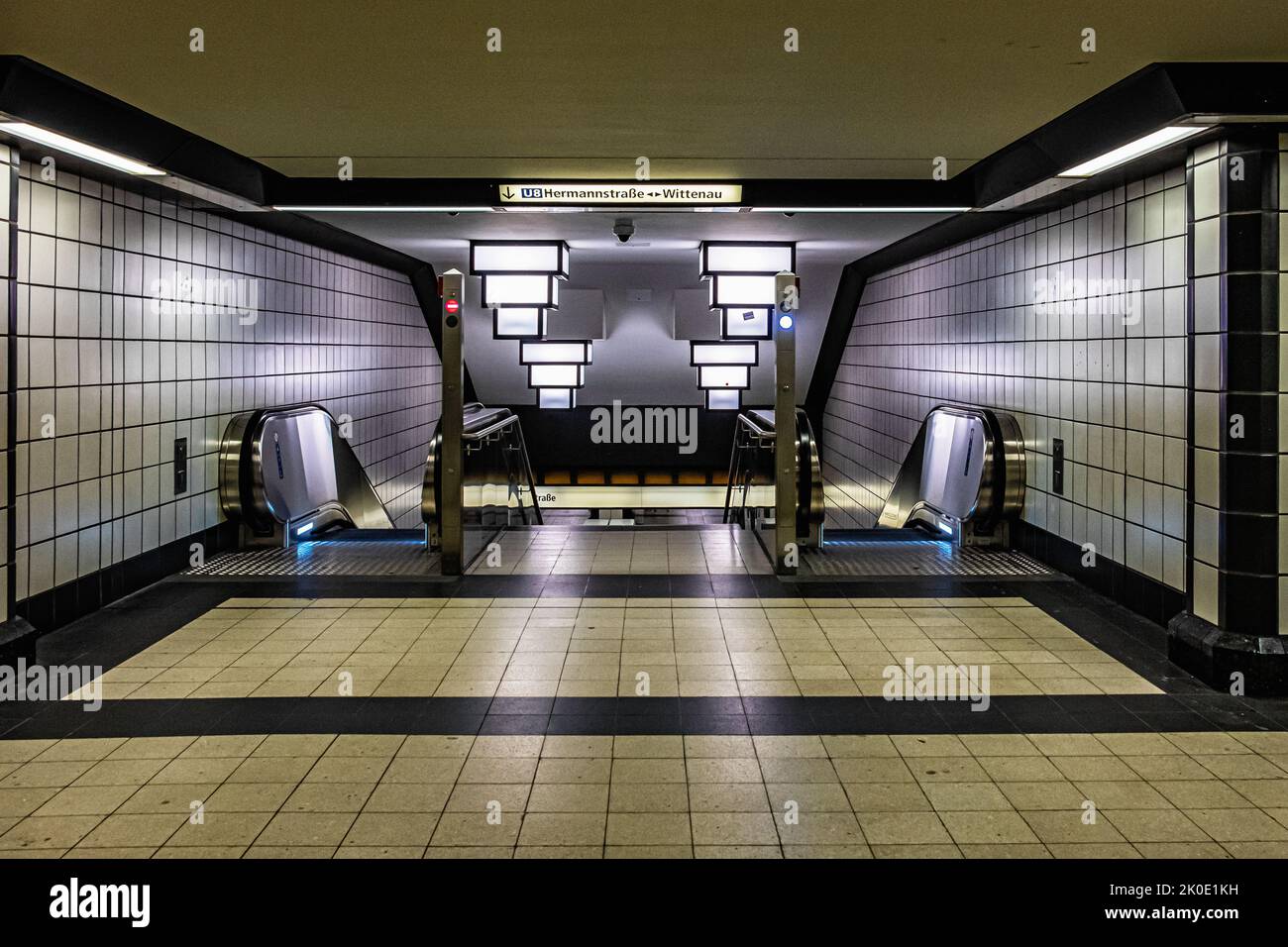 Paracelsus-Bad U-Bahn station interior,escalators & Art deco lights, Lindauer Allee,Reinickendorf,Berlin,Germany Stock Photo