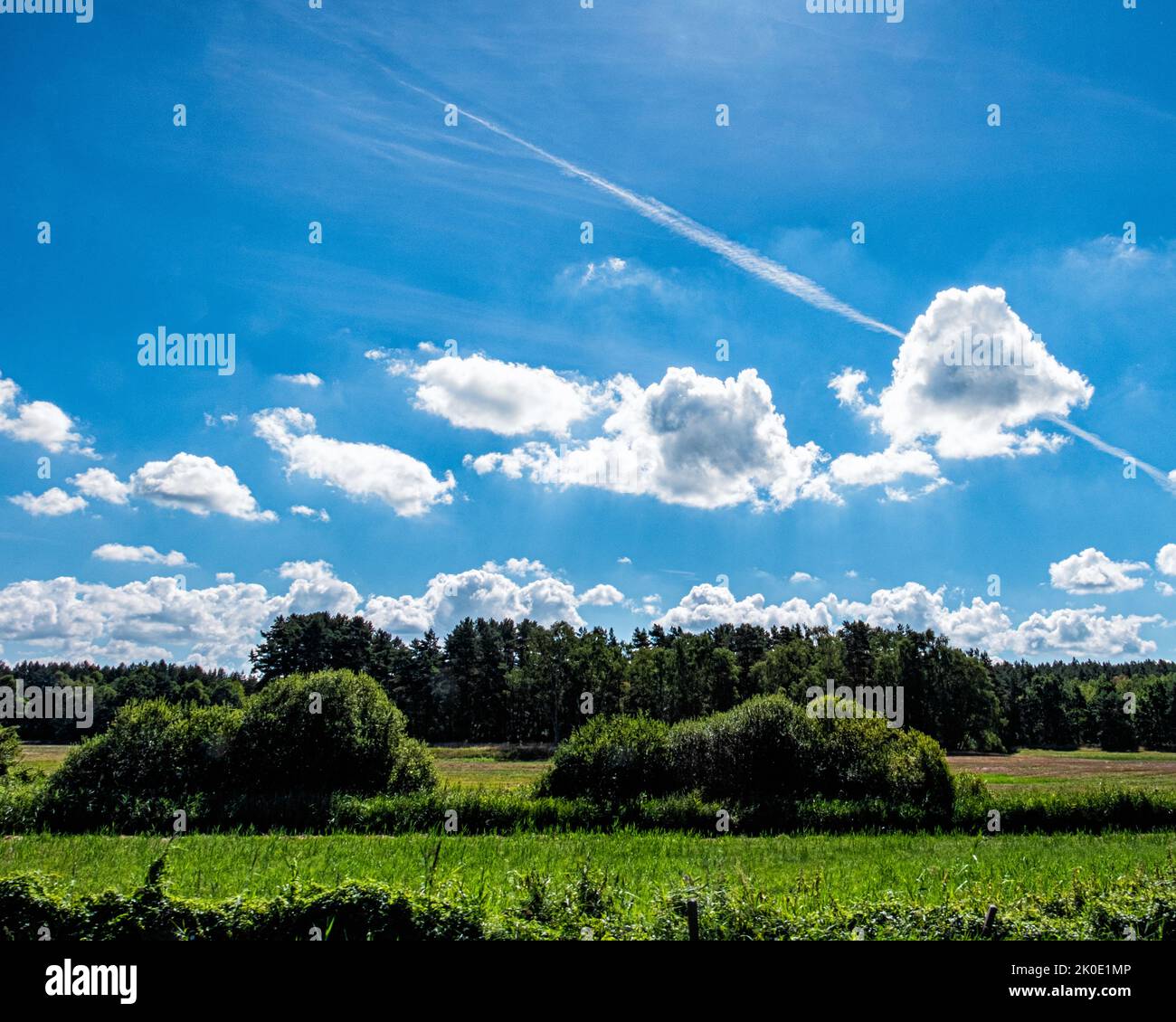Blue sky with airplane condensation trail above fields in Quassow,Userin,Mecklenburg-Vorpommern, Germany. Stock Photo