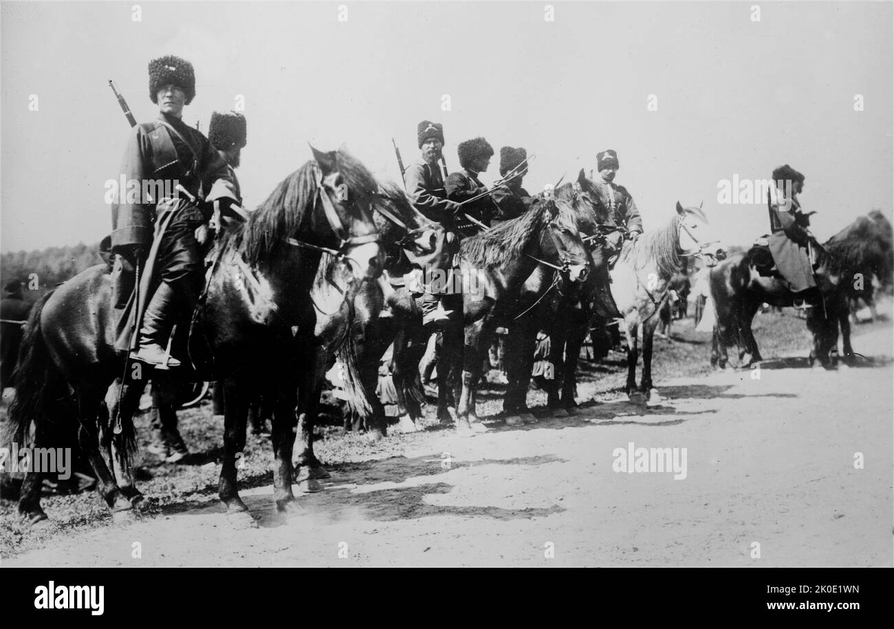 Tsarist Russian Cossack soldiers on horseback, during World War I, c1915. Stock Photo