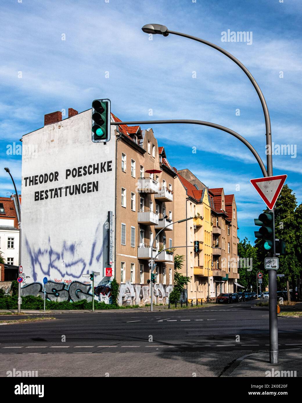 Theodor Poeschke Bestattungen advertisement on firewall of apartment building, Alt-Reinickendorf street, Berlin,Germany Stock Photo
