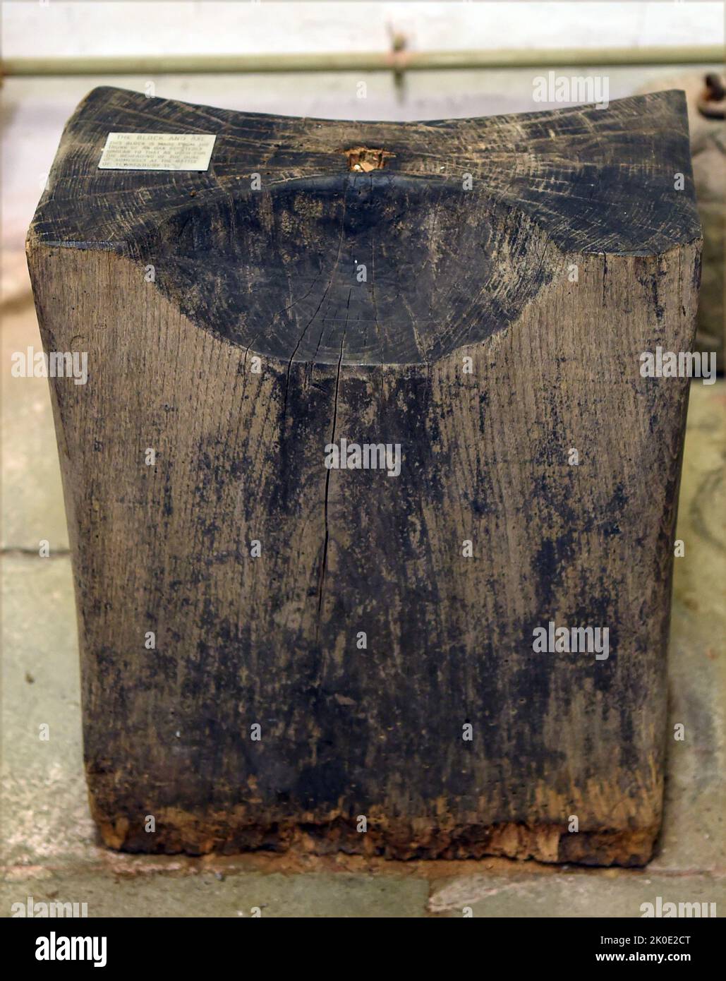 A 15th century English public execution block used to decapitate condemned prisoners. This was a form of capital punishment which members of the general public may voluntarily attend. Stock Photo