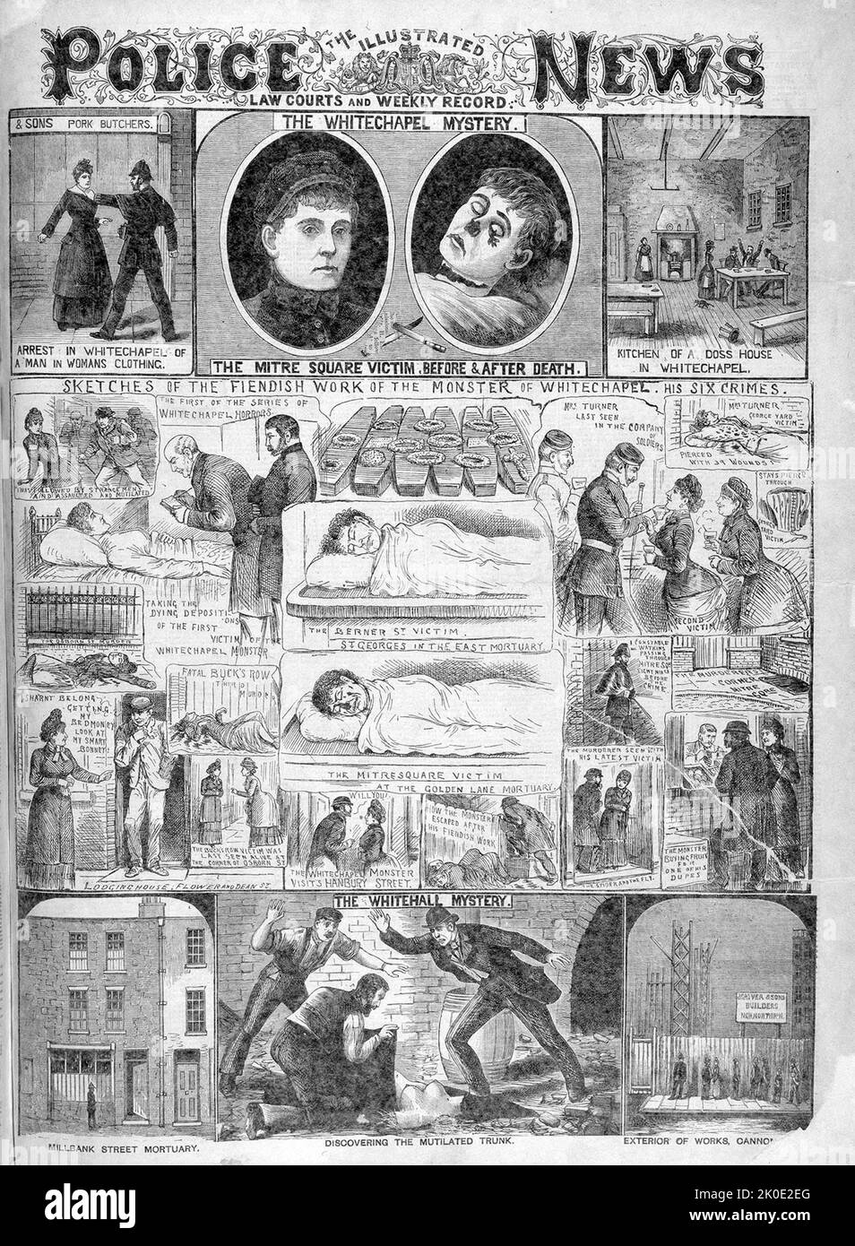 Newspaper report of 1888 about the notorious unidentified serial killer known as Jack the Ripper, who is believed to have killed and mutilated a minimum of five women in the Whitechapel and Spitalfields districts of London from late August to early November 1888. Stock Photo