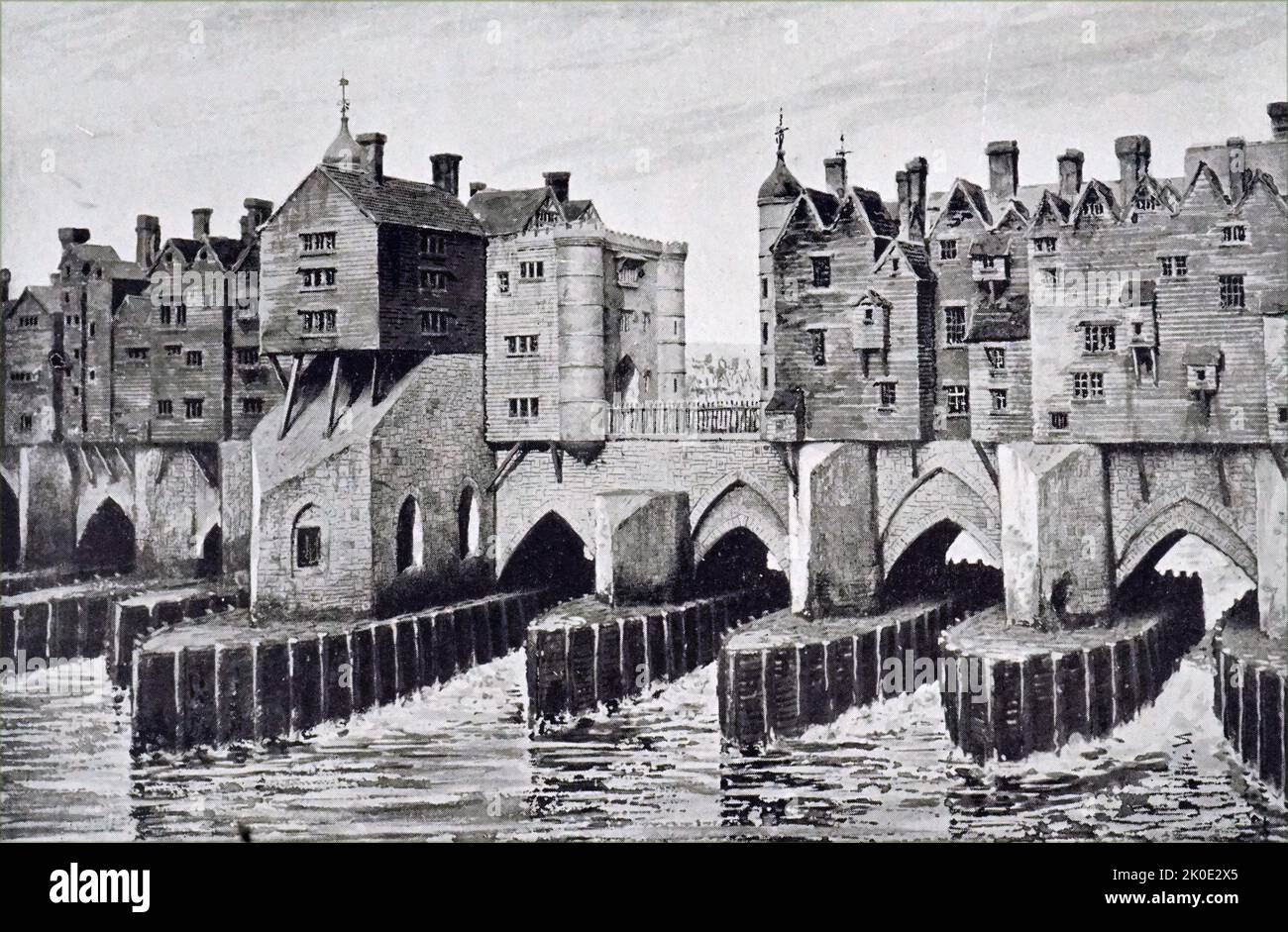 Old London Bridge, showing London Square and remains of St Thomas's Chapel. From a model by John B Thorp in the London Museum. John Thorpe or Thorp (c.1565-1655) was an English architect. Stock Photo