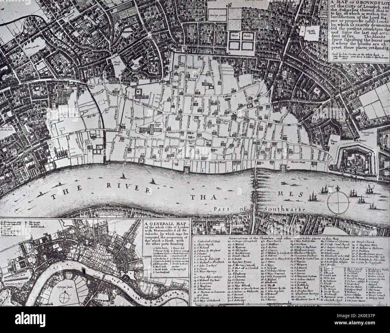 Hollars map of London, 1666, showing the area devasted by the Great Fire of London. Stock Photo