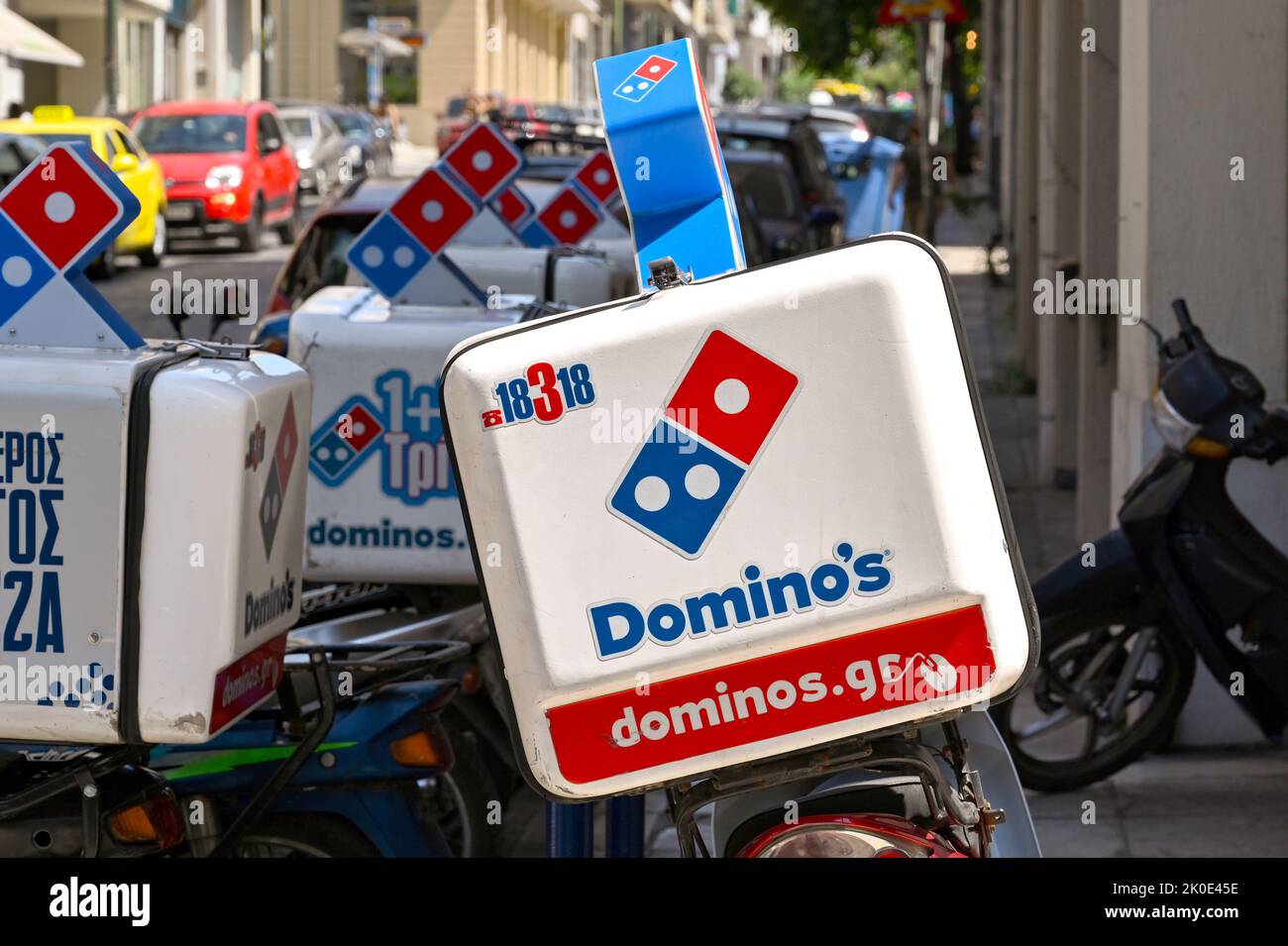 Athens, Greece May 2022 Close up of the insulated container box on the back of a delivery