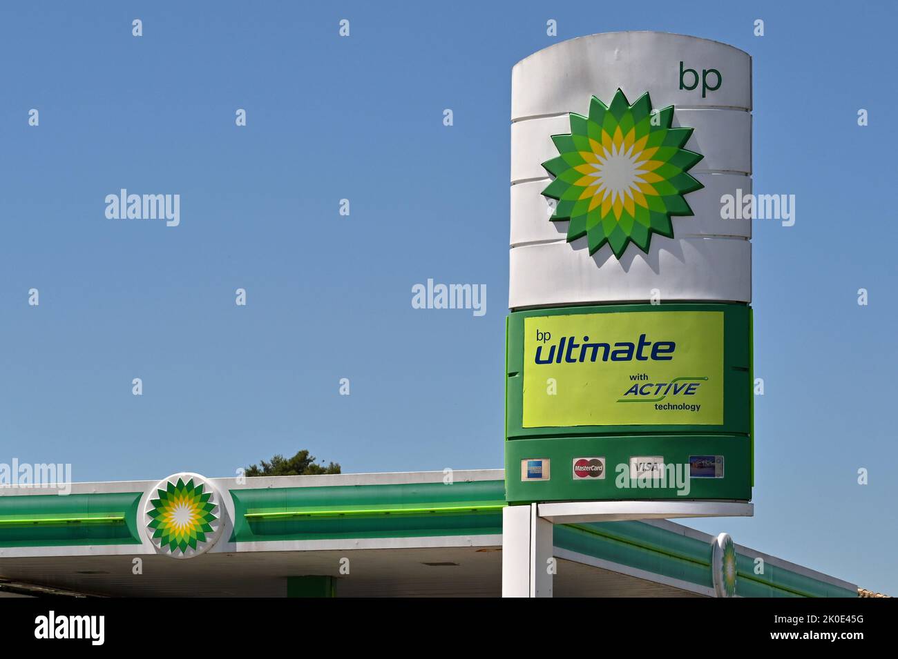 Argostili, Greece June 2022 Sign outside a petrol station in Greece operated by BP Stock