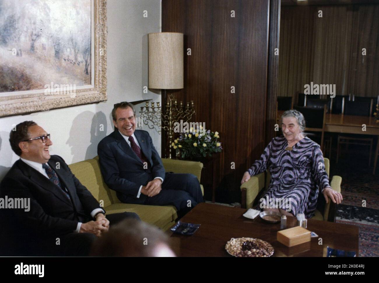 Golda Meir Prime Minister of Israel receives US President Richard Nixon and Secretary of State Henry Kissinger. President Nixon was the first U.S. President to visit Israel. 1974. Stock Photo