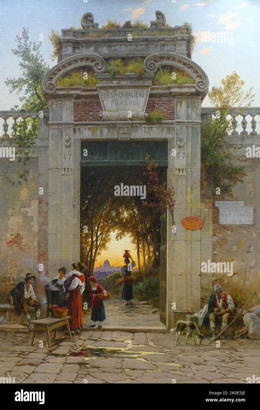 Sunset through a gateway. By Hermann David Salomon Corrodi (1844 - 1905) Italian painter of landscapes and orientalist scenes. Stock Photo