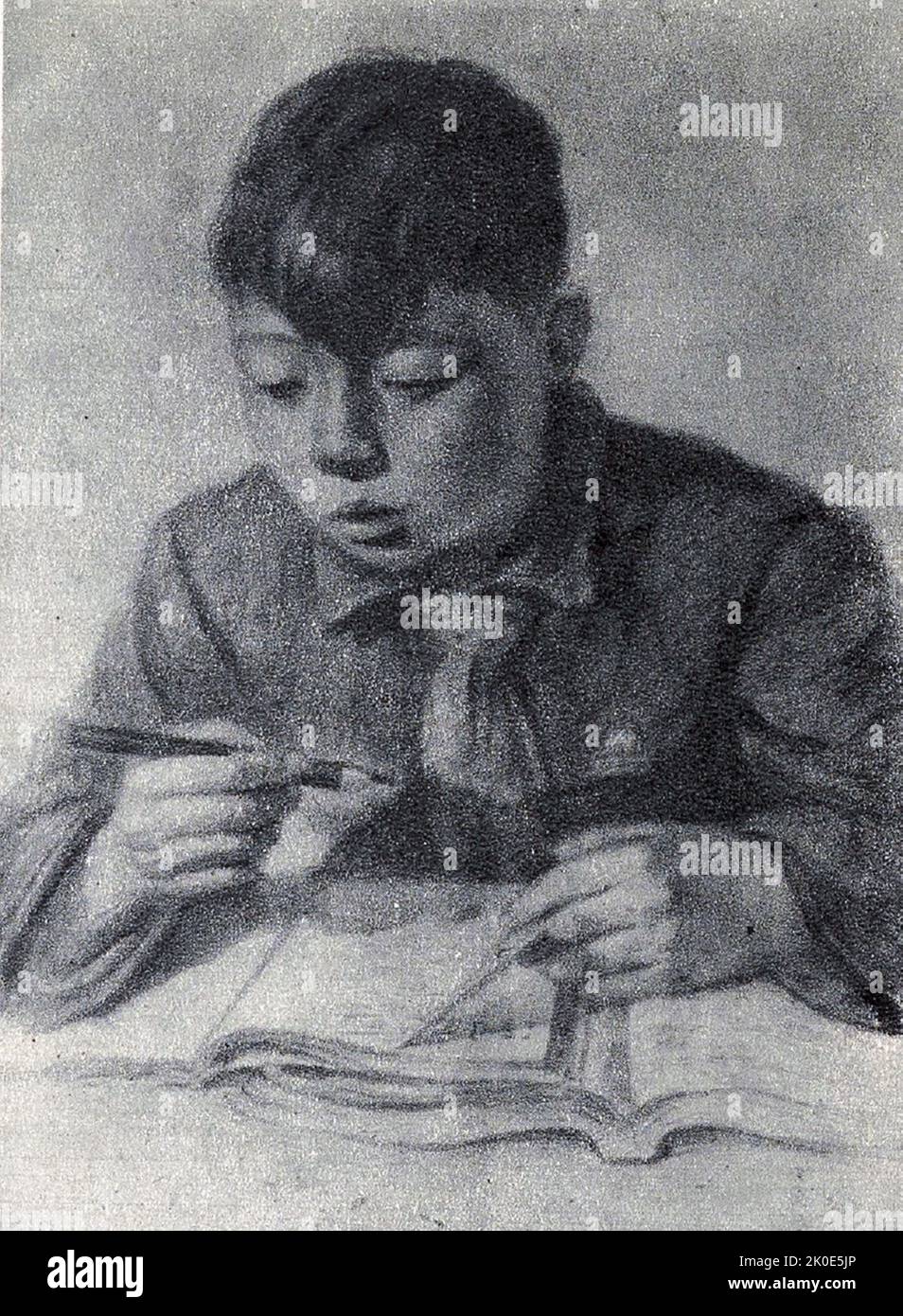 North Korean art: Learning (Pencil) by Choi Jeong-Yeon (18 years old) 1963. Stock Photo