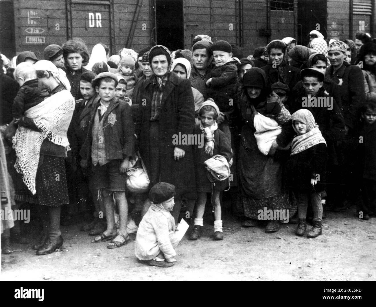 Arrival of Hungarian Jews by train, summer 1944, at the German Nazi death camp Auschwitz in Poland. Stock Photo