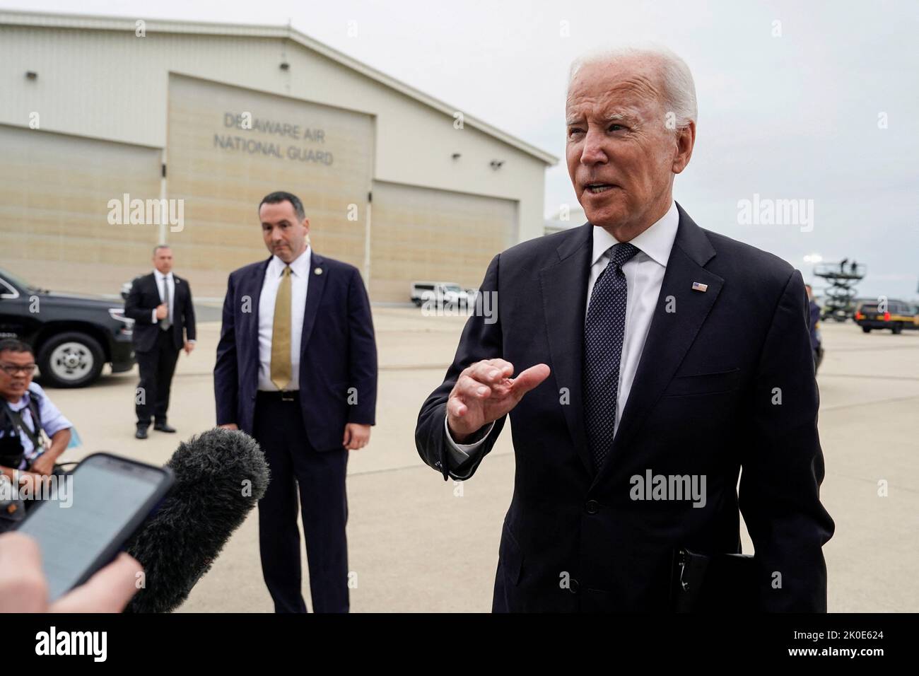 U.S. President Joe Biden speaks to media before boarding Air Force One as he departs for Washington from New Castle, Delaware, U.S., September 11, 2022.      REUTERS/Joshua Roberts Stock Photo