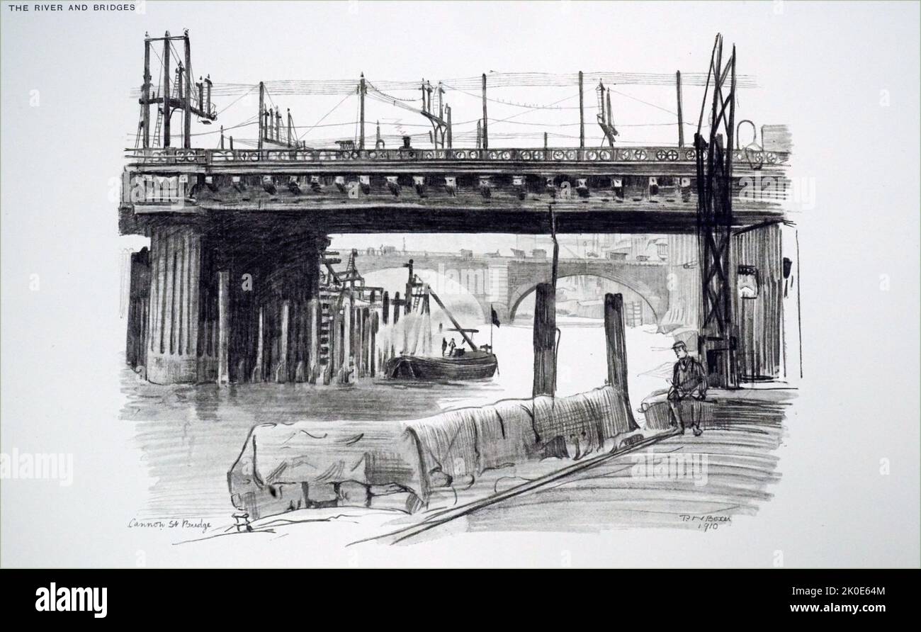 Canon Street Bridge by Percy Noel Boxer. Drawing, inscribed with signature, title, and dated 1910. Percy Noel Boxer studied at Blackheath Art school and Goldsmiths' College and lived in South London. he also drew a series of pictures of Greenwich. Stock Photo