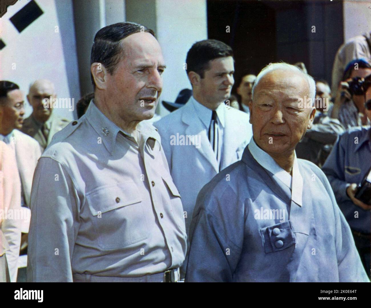 Syngman Rhee and General Douglas MacArthur, 1948. Syngman Rhee (1875 - 1965) South Korean politician who served as the first President of South Korea from 1948 to 1960. Rhee was also the first and last president of the Provisional Government of the Republic of Korea from 1919 to his impeachment in 1925 and from 1947 to 1948. Douglas MacArthur (26 January 1880 - 5 April 1964) was an American military leader who served as General of the Army for the United States, as well as a Field Marshal to the Philippine Army. Stock Photo