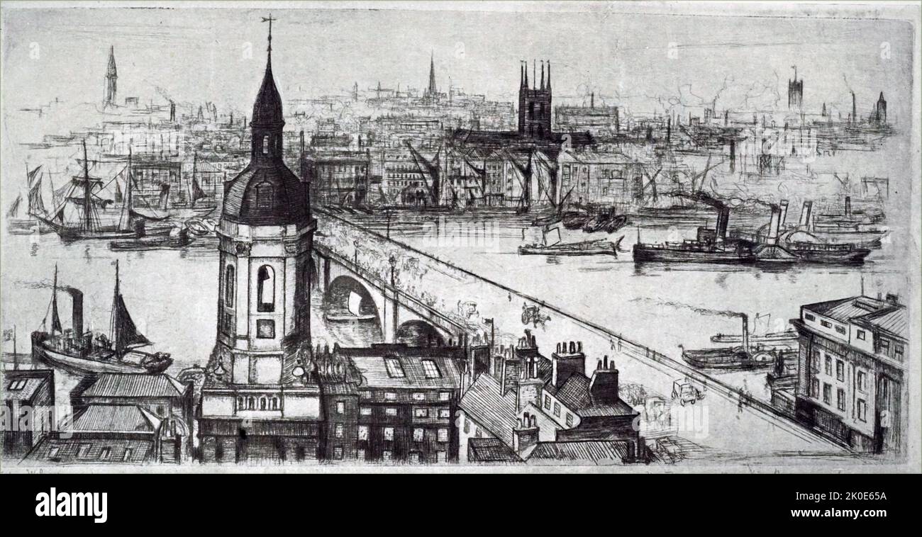 The Thames from the Monument by Edgar Wilson. Etching 1910. Stock Photo