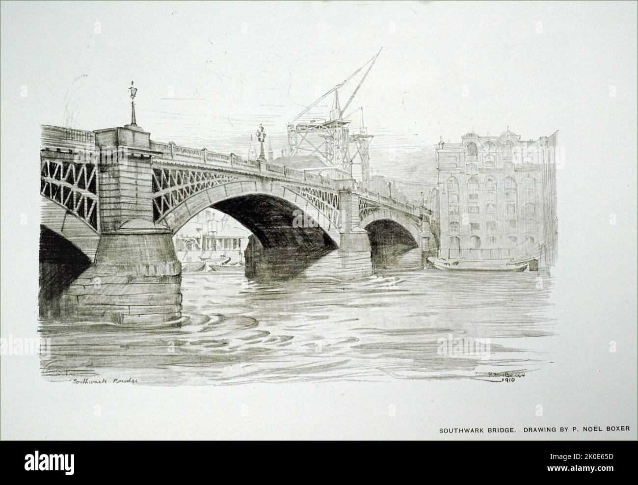Southwark Bridge by Percy Noel Boxer. Drawing, inscribed with signature, title, and dated 1910. Stock Photo