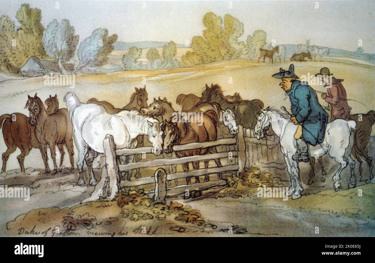 The Duke of Grafton viewing his Stud. Cartoon by Thomas Rowlandson (1756-1827), English artist and caricaturist of the Georgian Era, noted for his political satire and social observation. Stock Photo