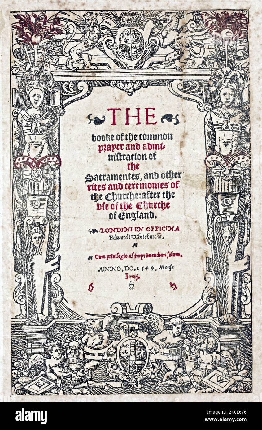 1549 edition of the Book of Common Prayer is the original version of the Book of Common Prayer, the official liturgical book of the Church of England and other Anglican churches. Written during the English Reformation, the prayer book was largely the work of Thomas Cranmer, who borrowed from a large number of other sources. Stock Photo