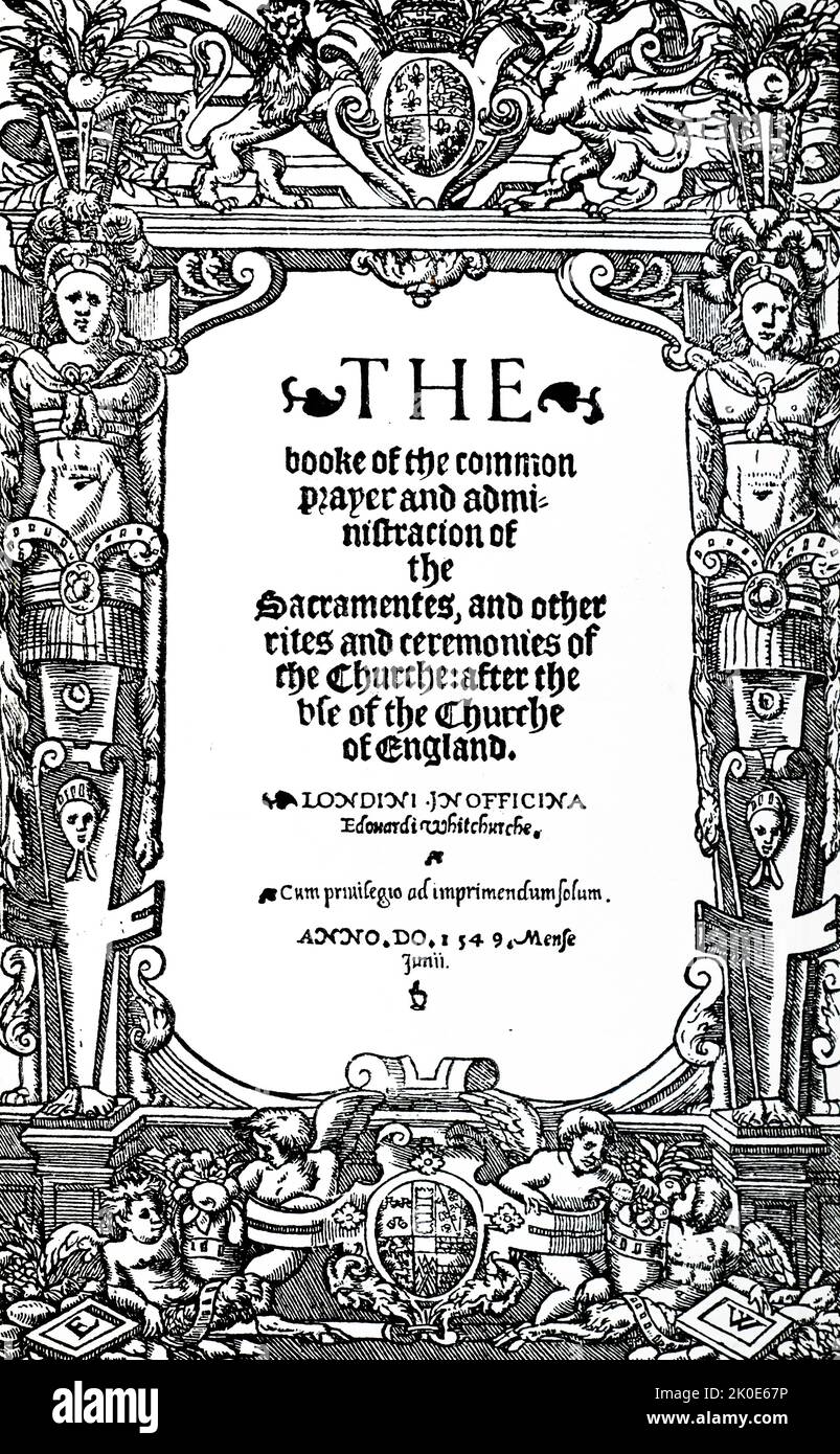 1549 edition of the Book of Common Prayer is the original version of the Book of Common Prayer, the official liturgical book of the Church of England and other Anglican churches. Written during the English Reformation, the prayer book was largely the work of Thomas Cranmer, who borrowed from a large number of other sources. Stock Photo
