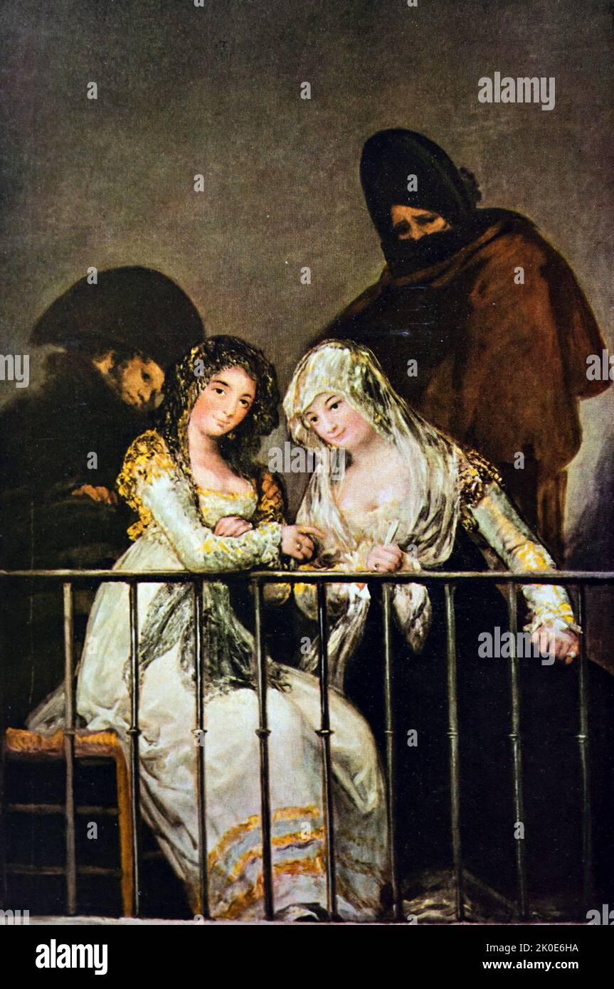 Majas on a Balcony (Las Majas en el balcon), oil painting by Francisco Goya, completed between 1808 and 1814, while Spain was engaged in the state of conflict after the invasion of Napoleon's French forces. Stock Photo