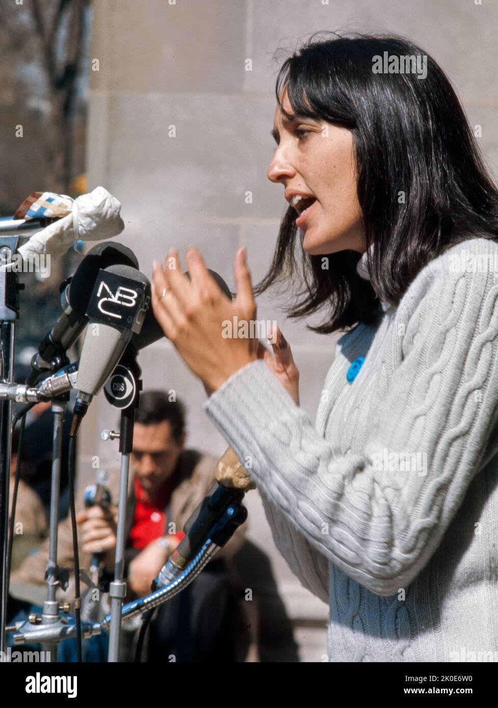 Joan Baez (born 1941) American singer, songwriter, musician, and activist. Baez became more vocal about her disagreement with the Vietnam War. 1972. Stock Photo