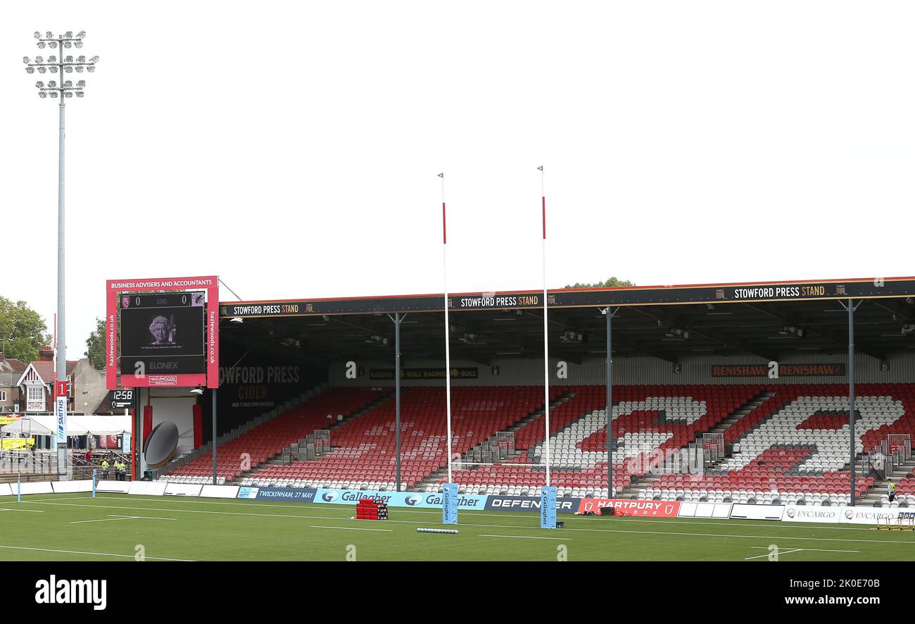 A general view of the big screen with a tribute to Queen Elizabeth II following her death on Thursday, before the game between Gloucester Rugby and Wasps’ during the Gallagher Premiership match at Kingsholm Stadium, Gloucester. Picture date: Sunday September 11, 2022. Stock Photo