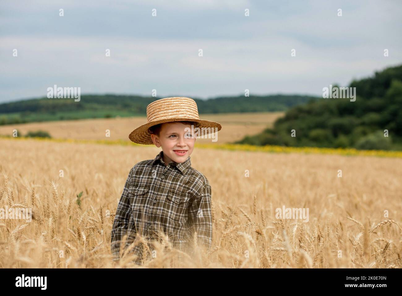 A smiling little farmer boy in a plaid shirt and straw hat poses for a ...