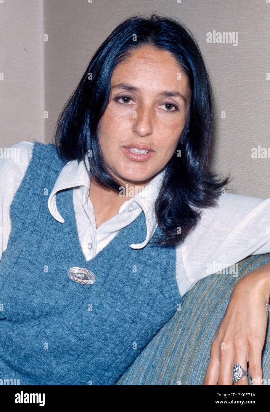 Joan Baez (born 1941) American singer, songwriter, musician, and activist. Baez became more vocal about her disagreement with the Vietnam War. 1972. Stock Photo