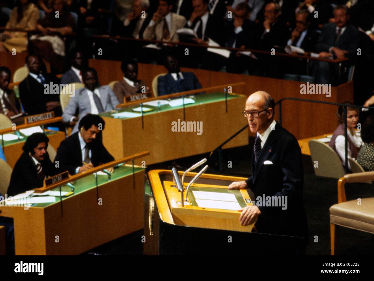 Valery Giscard d'Estaing (1926 - 2020), French politician who served as President of France from 1974 to 1981, seen addressing the United Nations in 1978. Stock Photo