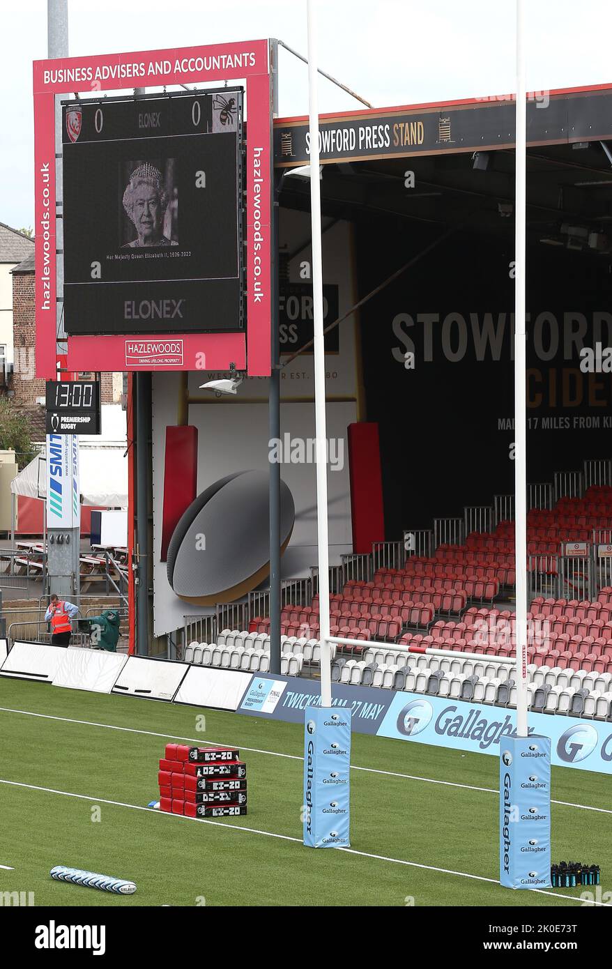 A general view of the big screen with a tribute to Queen Elizabeth II following her death on Thursday, before the game between Gloucester Rugby and Wasps’ during the Gallagher Premiership match at Kingsholm Stadium, Gloucester. Picture date: Sunday September 11, 2022. Stock Photo